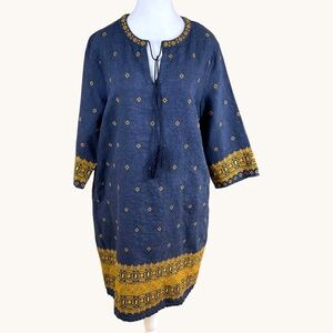 Garnet Hill Dress Linen Blue Embroidered Gold Yellow (8)